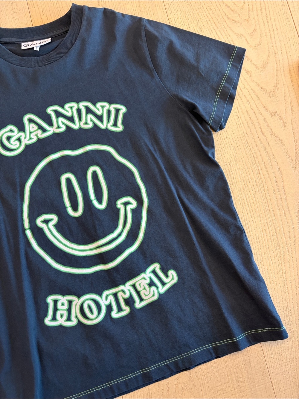 NWOT Ganni Black Tee with Neon Green Smiley Logo - Picture 4 of 6